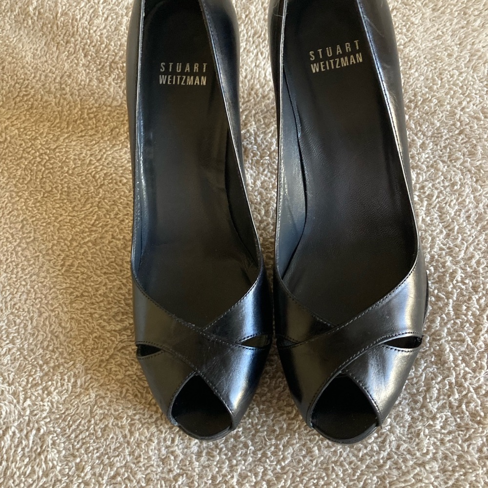 Stuart Weitzman Black Leather Peep-Toe Heels